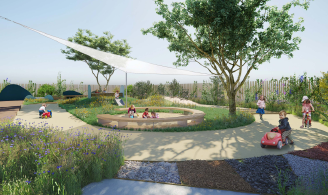 Rendu 3D réaliste représentant un jardin dans une crèche Babilou